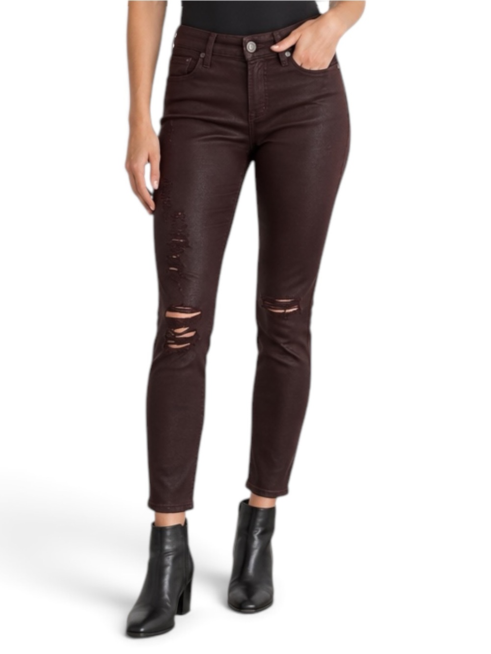 7 For All Mankind 26 Burgundy Coated Distressed Skinny Ankle Jeans Stretch